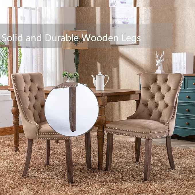 Upholstered Dining Chairs Set of 4, Velvet Dining Room Chairs with Back Ring Pull Trim and Solid Wood Legs, Tufted Wingback Kitchen Chair Perfect for Dining Room,Living Room,Kitchen(Khaki)