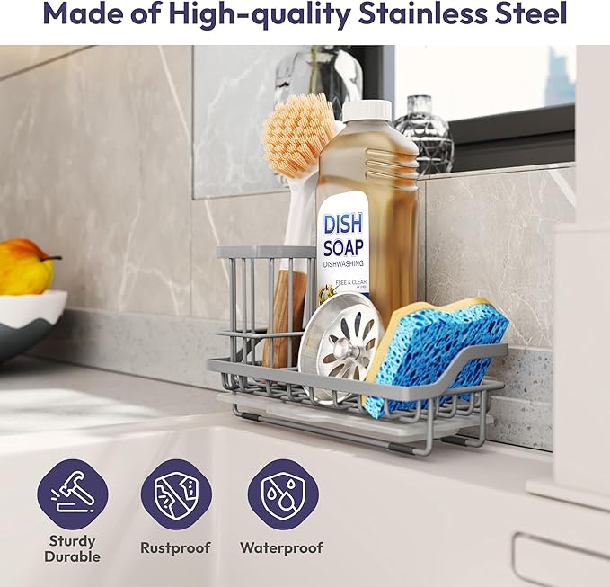 SWTYMIKI Sink Caddy Sponge Holder - Kitchen Sink Organizer with High Brush Holder for Countertop to Hold Dish Soaps and Sponges, Stainless Steel, Gray