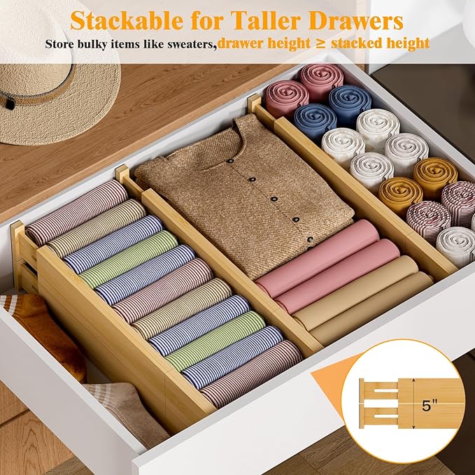 Bamboo Drawer Dividers,12-21" Adjustable Drawer Organizers for Clothes,Expandable Dresser Separators in Kitchen/Bedroom/Bathroom/Vanity/Office Organization and Storage,5-Pack