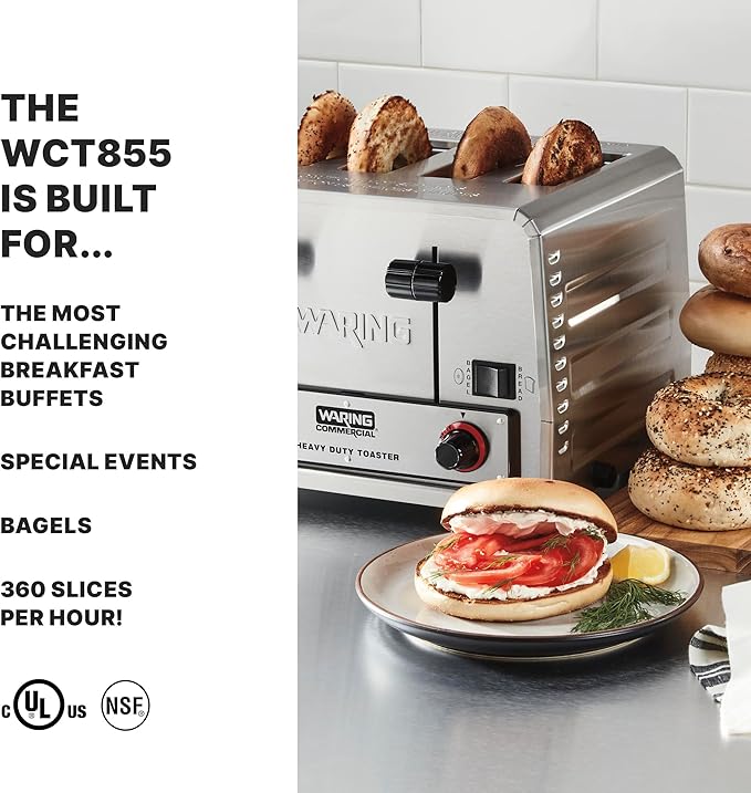 Waring Commercial WCT855 4-Slice Heavy Duty Commercial Pop-Up Bread/Bagel Toaster, 240V, 2700W, 6-15 Phase Plug