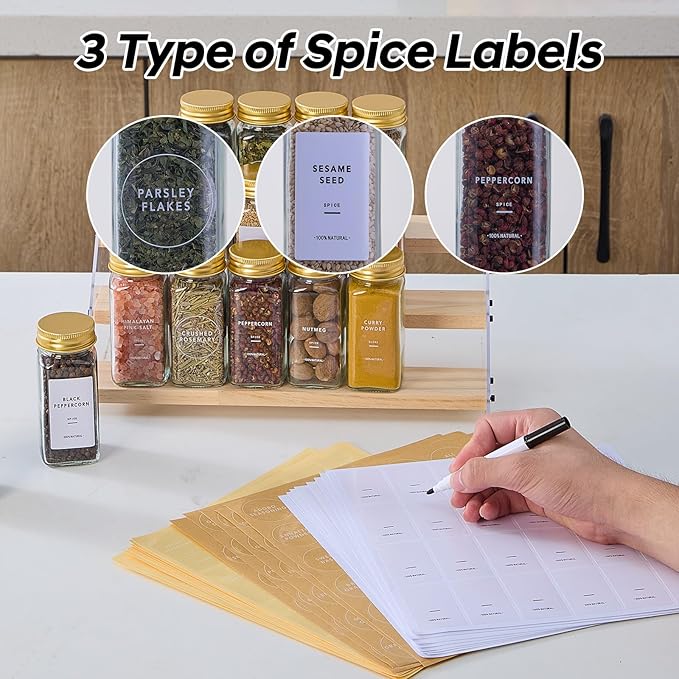 36 Pcs Glass Spice Jars with 576 Labels, 4oz Empty Square Spice Containers,Seasoning Bottles with Gold Metal Caps - Shaker Lids, Funnel and Pen Included