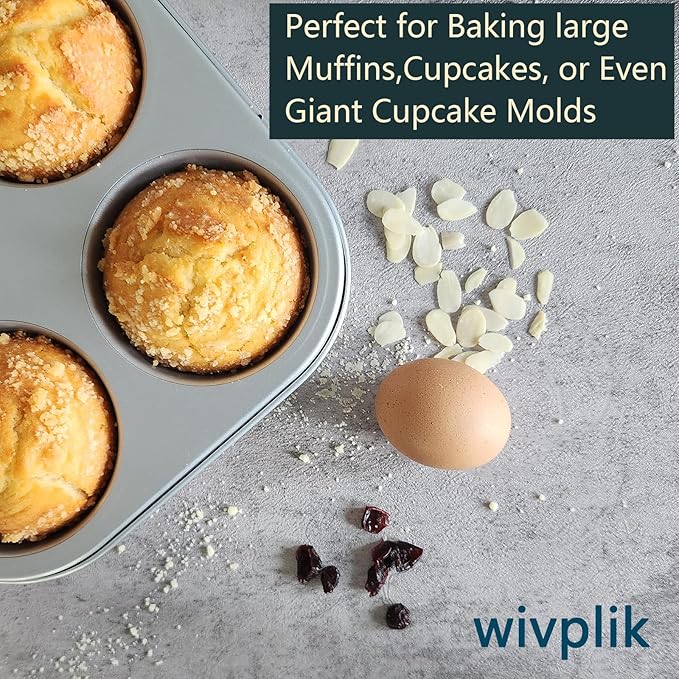 Nonstick jumbo Muffin Pans 6 Cups，2 Pack Extra Large Cupcake Tins for Baking，Premmium Non-stick Coating for Non-Toxic,Heavy Duty Carbon Steel, 3.5 dia,Deep Muffin Tray