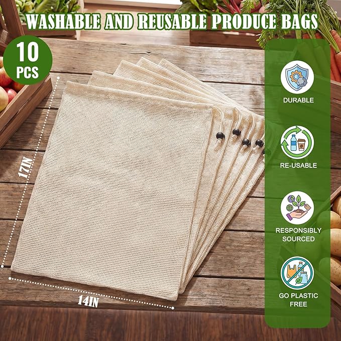 10 Pcs 17 x 14 in Reusable Produce Bags Grocery Washable, Cotton Mesh Produce Bags Plastic Free, Drawstring Closure, Double-stitched Organic Cotton Mesh Grocery Bag for Vegetables Fruit Onions