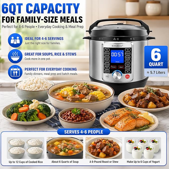 KINGBULL 14-in-1 Electric Pressure Cooker 6 Quart, Stainless Steel Multi Cooker with LCD Display, Slow Cooker, Rice Cooker, Steamer, Sauté, Yogurt Maker, Warmer, DIY Mode, Black