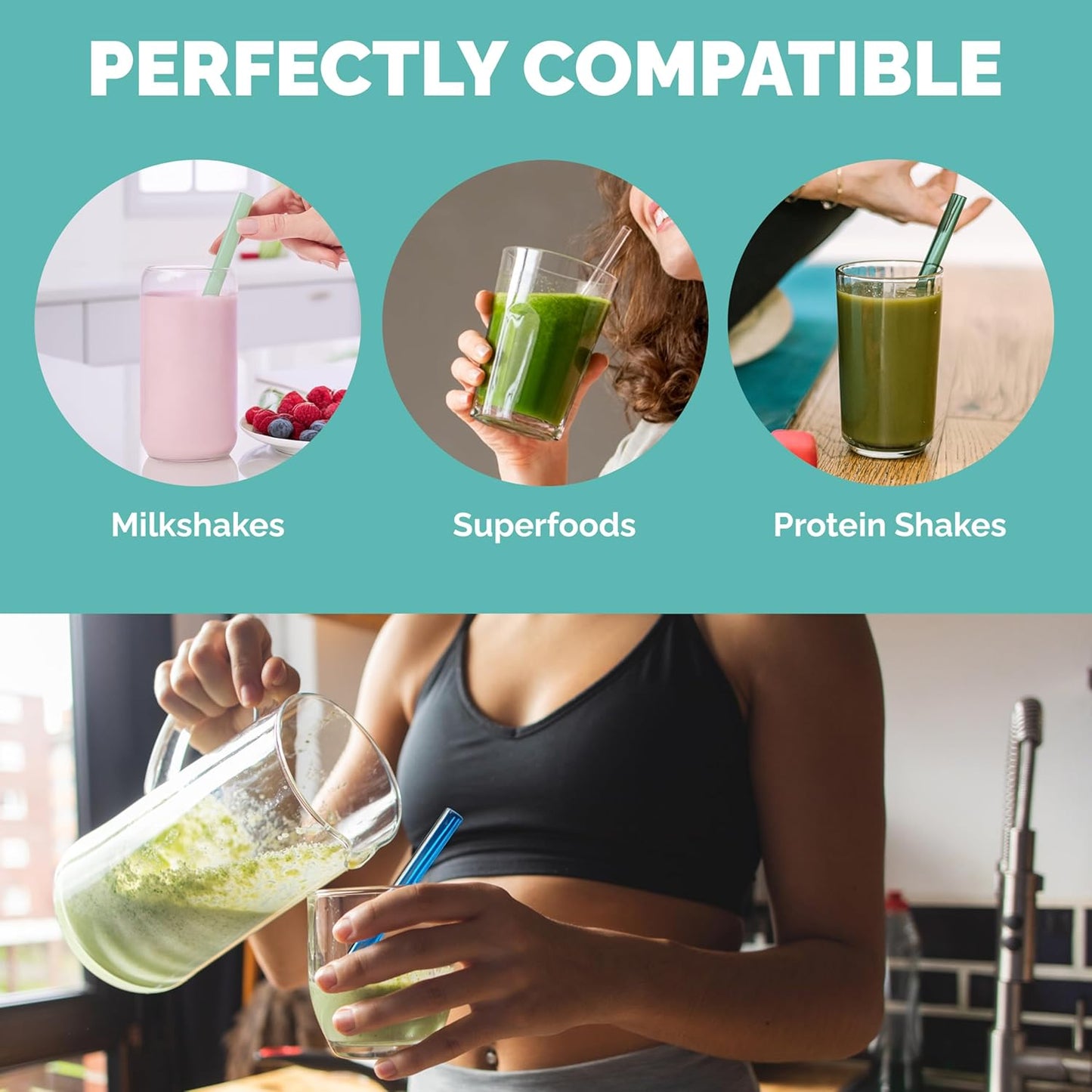 Simply Straws 8 Inch Wide Glass Straws (6-Pack) - 12mm Reusable Boba Straws for Milkshakes & Smoothies, with Cleaning Brush - Dishwasher Safe, Hot & Cold Use, BPA-Free (Iridium)
