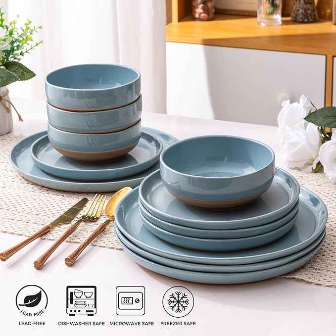 AmorArc Ceramic Dinnerware Sets for 8, 24 Pieces Handpainted Plates and Bowls Set with Rustic Terracotta Underside, Scratch Resistant Stoneware Dishes Set, Dishwasher & Microwave Safe, Stone Blue