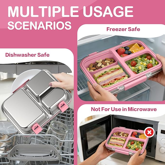 BABHAMNESS Stainless Steel Bento Lunch Box for Kids Adults, 3 Compartments Metal Bento Box with Transparent Lid & Silicone Container for Kids,Dishwasher-Safe,School & Travel,BPA-Free(Pink)