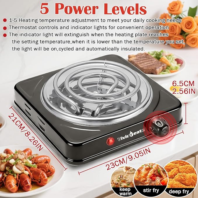 Vivicreate Electric Hot Plate, Portable Countertop Electric Cooktop, Adjustable Temperature Control, 110V Extra Burner for Apartment, Dorm, RV, Small Kitchen (Single Coil Burner)