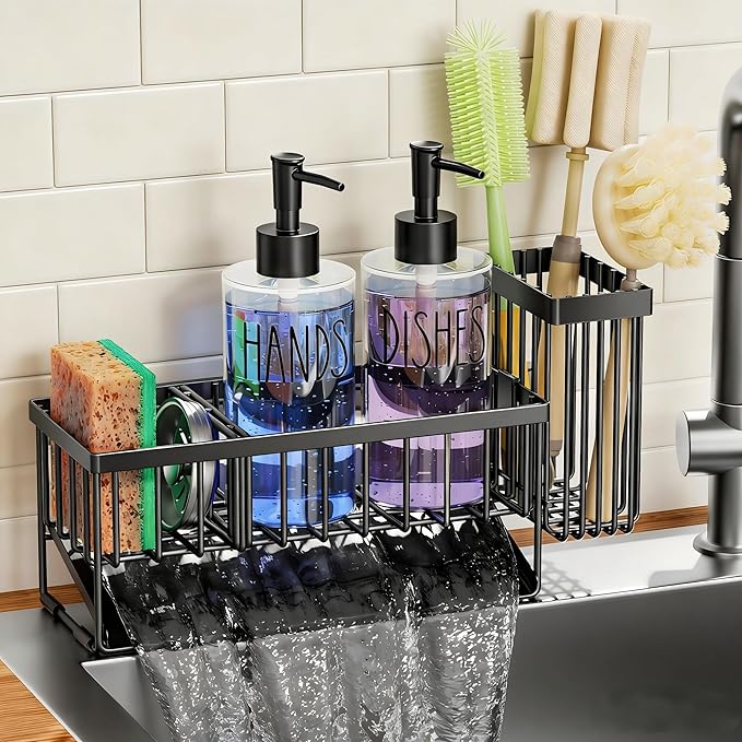 MASADI Kitchen Sink Caddy with Dish Soap Dispenser Set, 12OZ Glass Bottle, Hand and Dish Soap Dispenser Set, Non-Slip Silicone Pad, Brush Holder, Kitchen Sink Organizer Countertop (Black+Clear)