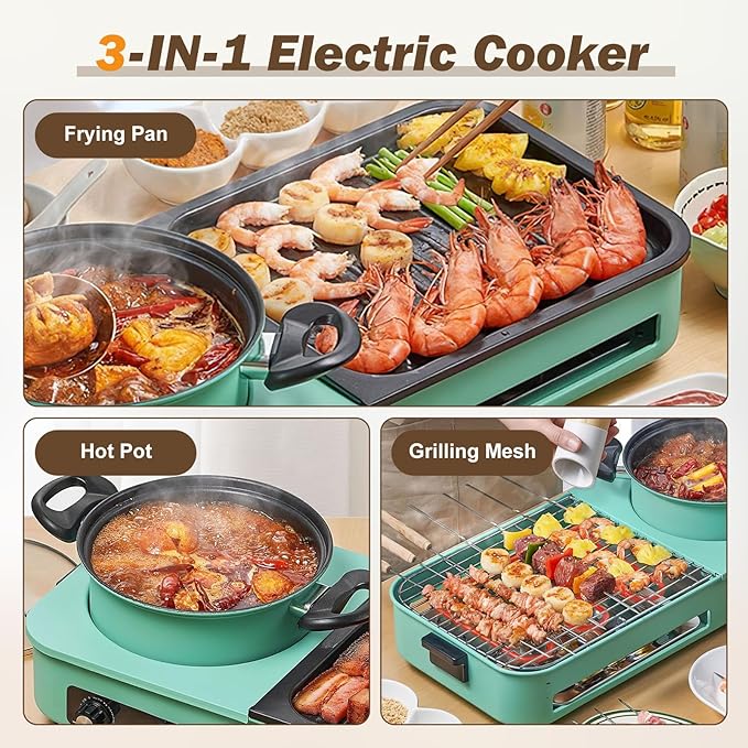 Hot Pot Electric with Grill, 1600W 3 in 1 Smokeless Non-Stick Barbecue Shabu Hot Pot with Dual Temp Control, Multifunctional Teppanyaki Grill Pot, Shabu Korean BBQ for 3-5 People