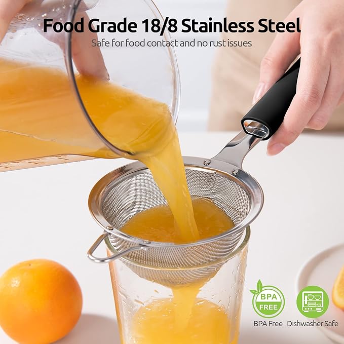 U-Taste 10 Piece Measuring Cups and Spoons Set in 18/8 Stainless Steel, and 18/8 Stainless Steel 3.9 inch 30 Mesh Strainer (Black)