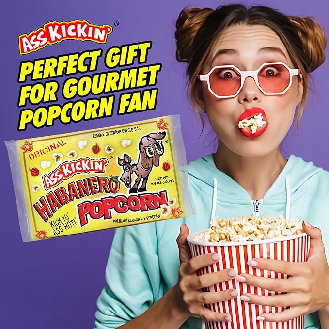 ASS KICKIN' Habanero Microwave Popcorn Bags - 6 Pack - Ultimate Spicy Popcorn Gourmet Gift - Makes a Great Movie Theater Popcorn or Snack Food for Movie Night