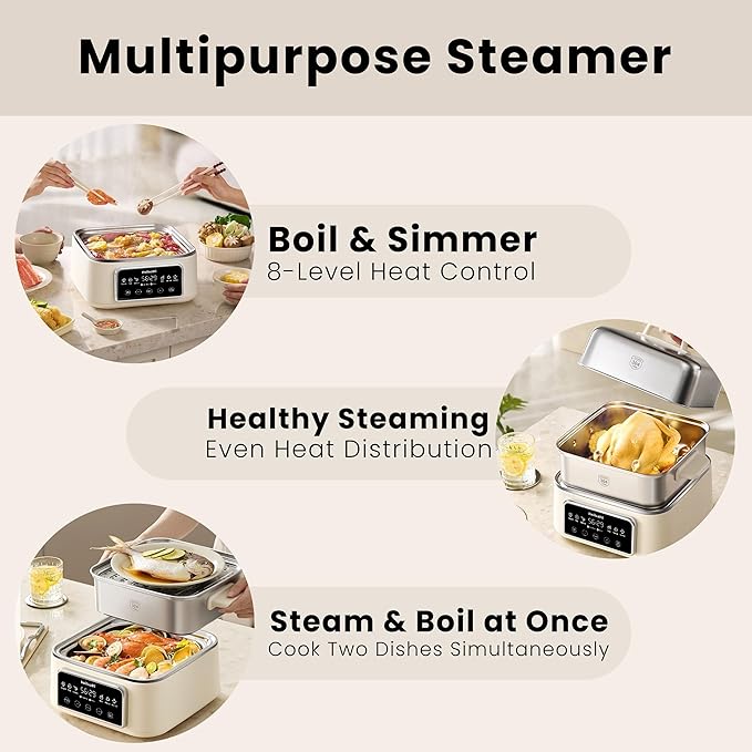 Electric Food Steamer 12.7 QT, Double-Tier 8-in-1 Vegetable & Meal Steamer, Stainless Steel, Timer & Keep Warm, Boil-Dry Protection, Healthy Cooking Kitchen Steamer