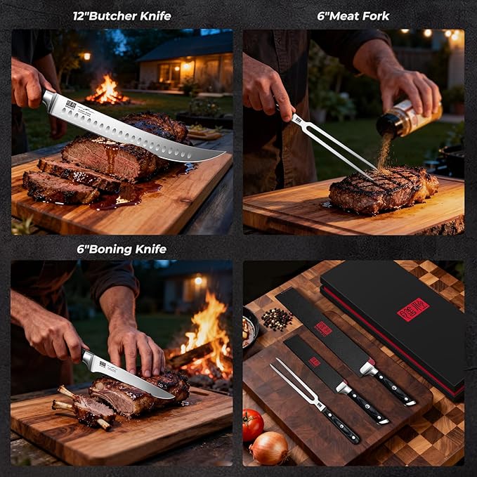 SHAN ZU 3Pcs BBQ Carving Knife Set with Sheath – for Turkey, Meat, BBQ, Brisket, Razor Sharp Slicing Knife, Professional 5Cr15MoV Stainless Steel, Ergonomic Full Tang Wood Handle, Gift Box Included
