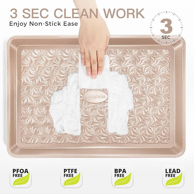 HONGBAKE Nonstick Baking Sheet Pan Set of 3, Cookie Sheets for Oven, Non-Toxic Half/Quarter/Jelly Roll Pans with Floral Swirl Texture, Heavy Duty 0.8mm Thick Oven Trays for Cooking, Champagne Gold