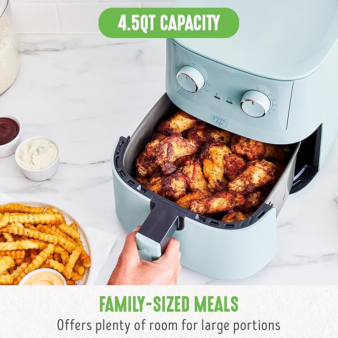 GreenLife 4.5QT Air Fryer, Mechanical Dial Controls, PFAS-Free Ceramic Nonstick Drawer, Adjustable Temp & Timer, LED Indicator, Oil-Less Cooking, Dishwasher Safe, Compact Family Size, Blue