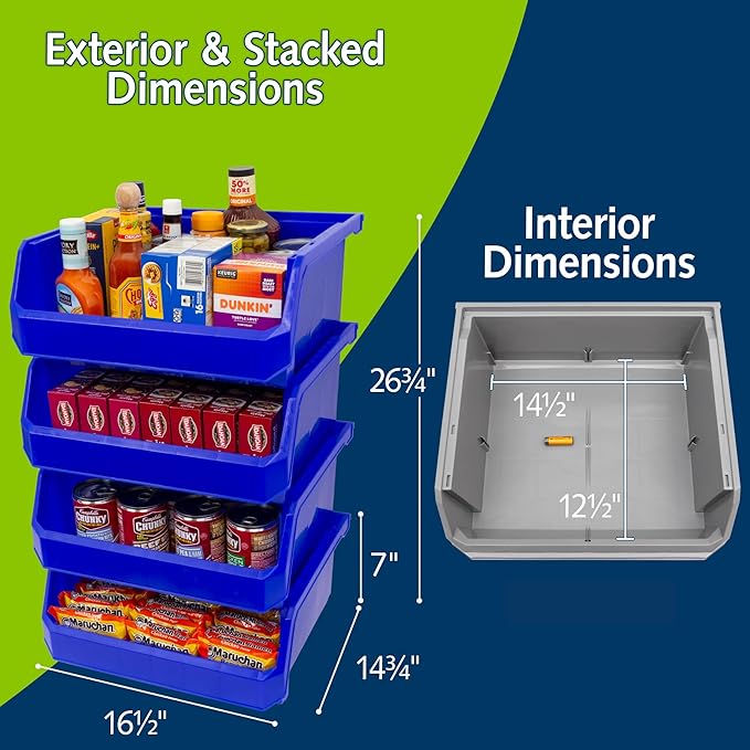 Plastic Containers for Organizing and Storage Bins for Closet, Kitchen, Office, Garage or Pantry Organization, Stackable Bins, Extra Large (14.8" x 16.5" x 7"), 4-Pack, Blue