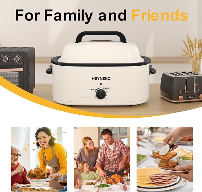 26Qt Turkey Roaster Oven Buffet with Self-Basting Lid, 1450W Stainless Steel Electric Roaster Oven with Cool-Touch Handles, Removable Pan and Rack, White