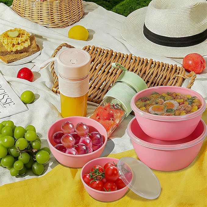 4-Piece Classic Plastic Prep Bowls with Lids, Nesting Plastic Small Mixing Bowl Set for Mixing, Baking, Prepping, Cooking and Serving Food, Microwave and Dishwasher Safe (Pink)