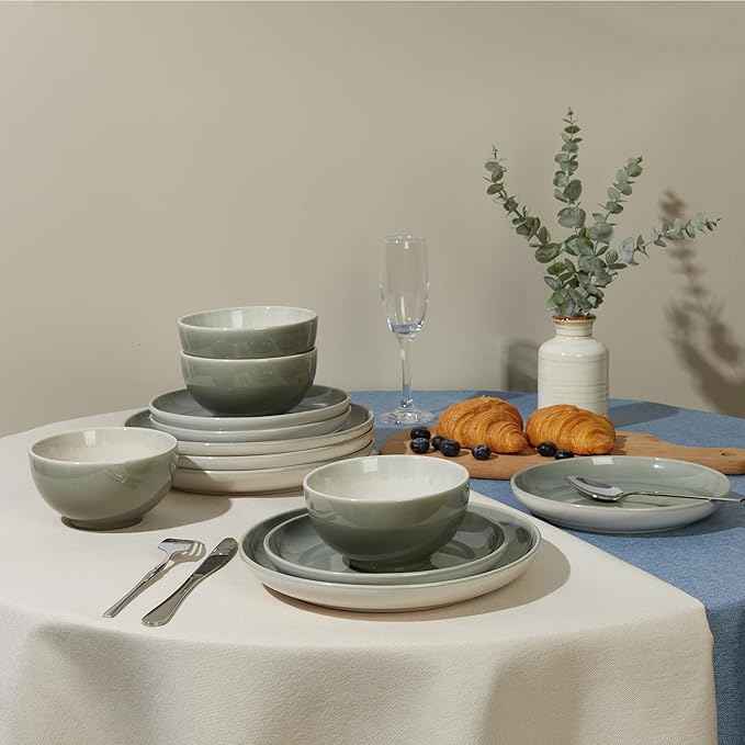 Plates and Bowls Sets for 8, 24 Piece Dinnerware Set for Large Families & Entertaining, Elegant Design, Dishwasher & Microwave Safe, Chip Resistant and Durable, Gray Green