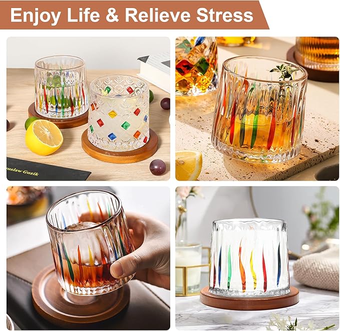 Rotatable Old Fashioned Glass, 275ml/10oz Crystal Whiskey Glass Set of 4, Wood Coaster, Thickening, Used as Rum Glass, Cocktail Cup, Coffee Cup, Milk Cup to Relax and Reduce Stress, Christmas gifts