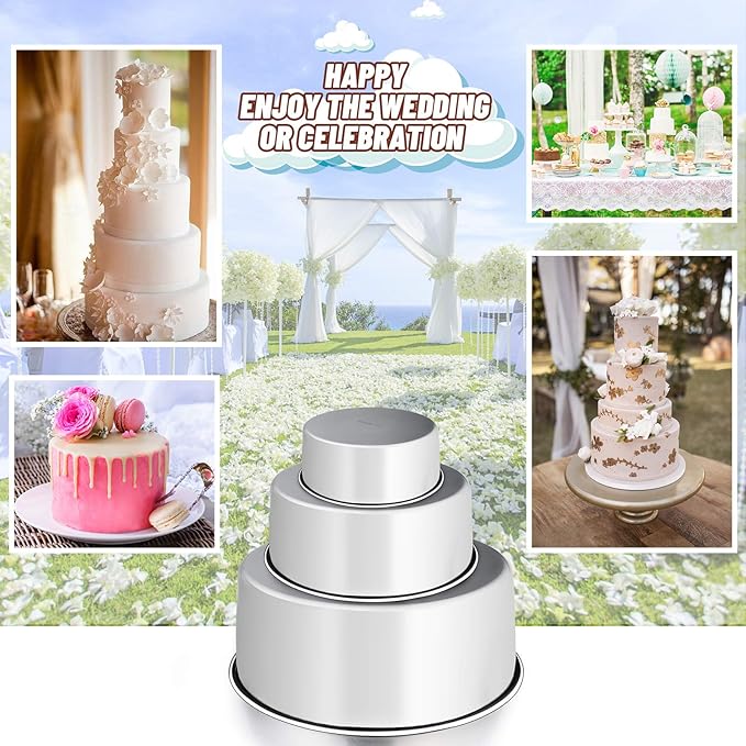 E-far Cake Pan Set of 3 (4’’/6’’/8), Deep Stainless Steel Round Cake Pans Tins for Wedding Birthday, Non-toxic & Dishwasher Safe, Mirror Finish & Straight Side