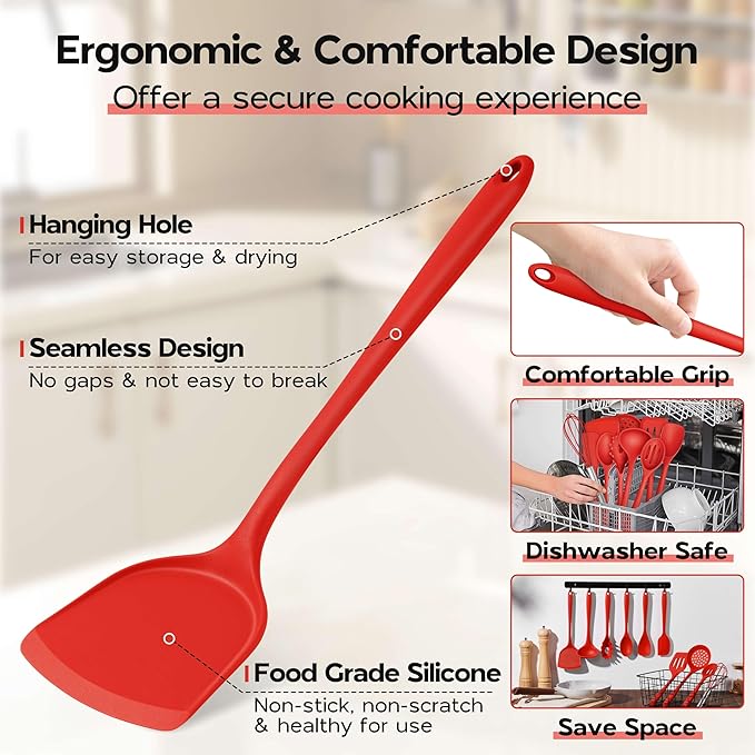 Onader 10 Pieces Cooking Utensils Set, Red Silicone Kitchen Utensils Set for Cooking, Non Toxic & Heat Resistant