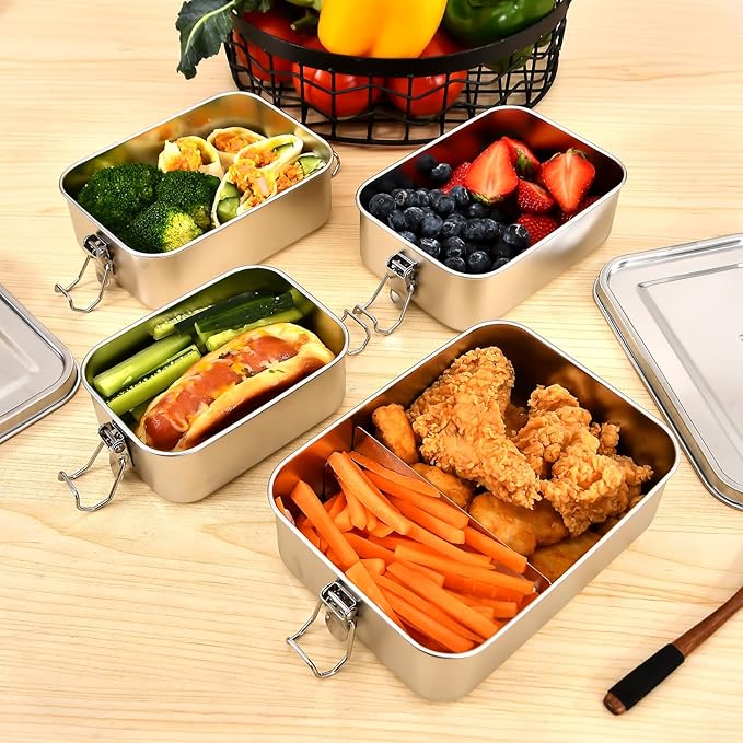 4 PCS Stainless Steel Bento Box 850ml, Metal Lunch Box Food Containers, Steel Lunch Container for Home, Work, Camping