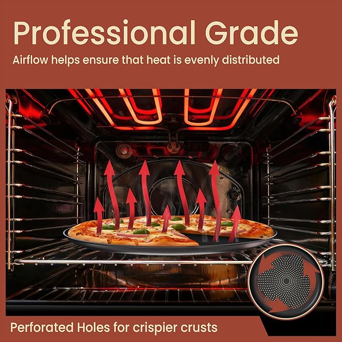Bakken 16 Inch Non-Stick Pizza Pan 2 Pack, Round Carbon Steel Pizza Tray with Perforated Holes, PFOA, PFOS, & PTFE-Free, Dishwasher & Oven Safe Up To 450°F, Durable Nonstick Coating, Black