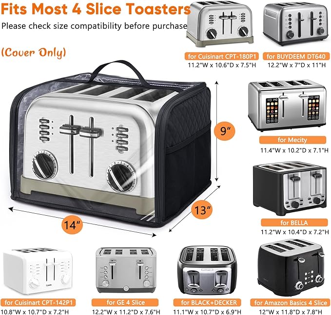 BAGSPRTIE Toaster Cover for 4 Slice Wide Slot, Full Open Dust Covers for Kitchen Appliances Compatible with Cuisinart, BELLA, Black and Decker 4 Slices, Toaster Bags with Zipper Closure (Cover Only)