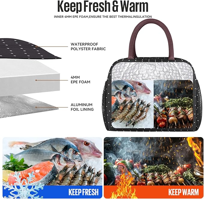 douyadady Lunch Bag Women/Men Lunch Box Women/Men (black polka dot)