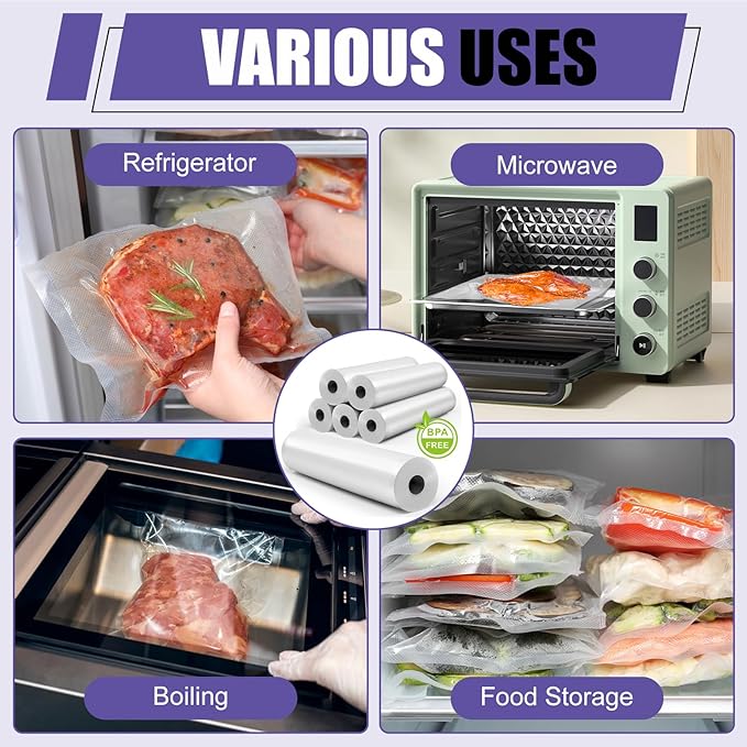 CAREGY Food Vacuum Sealer Rolls Bags 6 Pack 3 Rolls 8'' x 20' and 3 Rolls 11''x 20' Commercial Grade BPA Free Bag Rolls Embossed Food Saver Bags for Meal Prep,Sous Vide Cooking and Food Storage