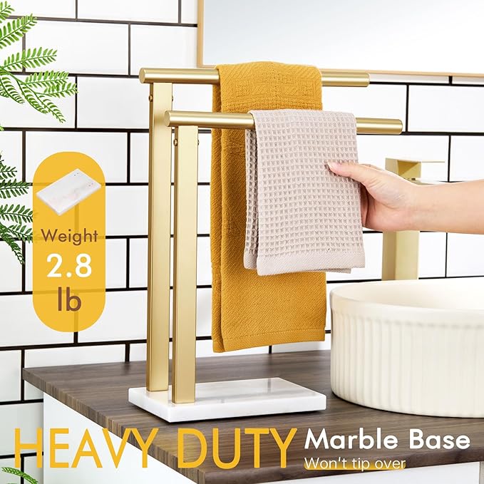 KOKOSIRI Hand Towel Rack Standing Towel Rails 2-Tier with Marble Base for Bathroom Vanity Countertop, Brushed Gold Stainless Steel 15.7'' Height THS0007-BG