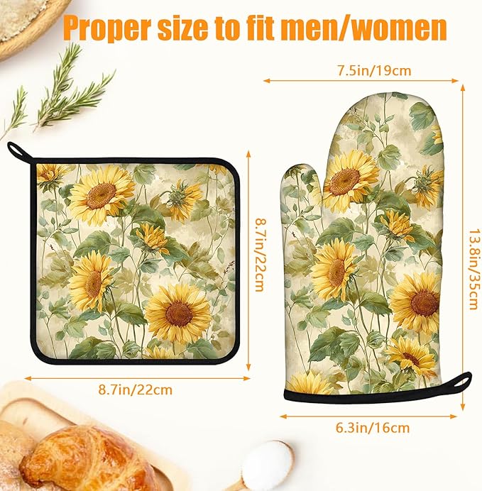 Sunflower Oven Mitts and Pot Holders Sets 4Pcs Silicone Non-Slip Mitts Heat Resistant Gloves Hot Pads for Kitchen Cooking Baking Grilling BBQ