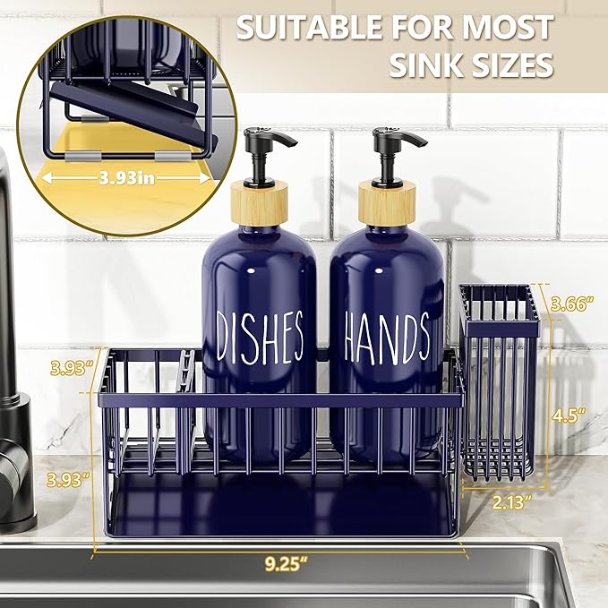 Cisily Navy Blue Kitchen Dish Soap Dispenser, 16 fl Oz Dual Kitchen Soap Dispensers with Sponge Holder, Customized Stainless Steel Kitchen Soap Dispenser Set, Modern Hand and Dish Soap Bottle Set