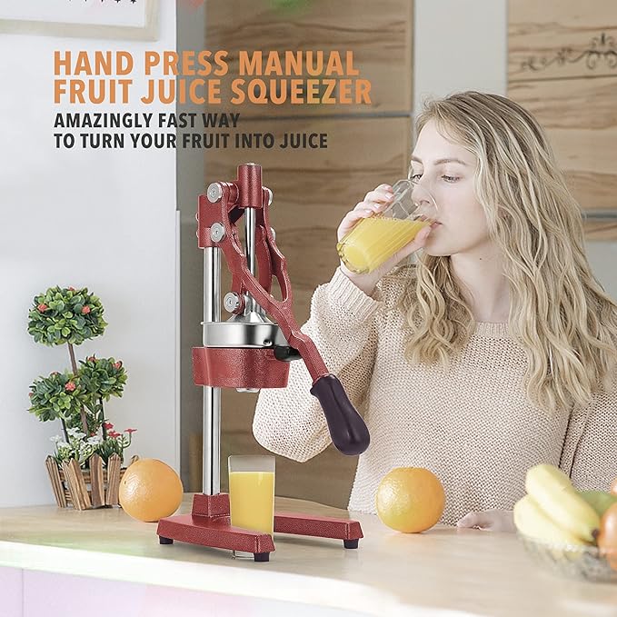 19 Inch Height Extra Tall Commercial Heavy Duty Cast Iron Hand Press Manual Orange Citrus Lemon Lime Grapefruit Pomegranate Fruit Juice Squeezer Machine with Stainless Steel Cup Red