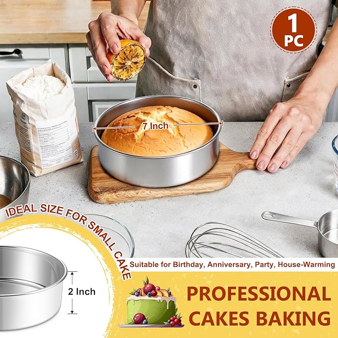 P&P CHEF 7 Inch Cake Pan, 1 Piece Round Layer Cake Baking Pan, Stainless Steel Smash Cake Tin Bakeware for Cooking Steaming, Nontoxic & Sturdy, Oven & Dishwasher Safe
