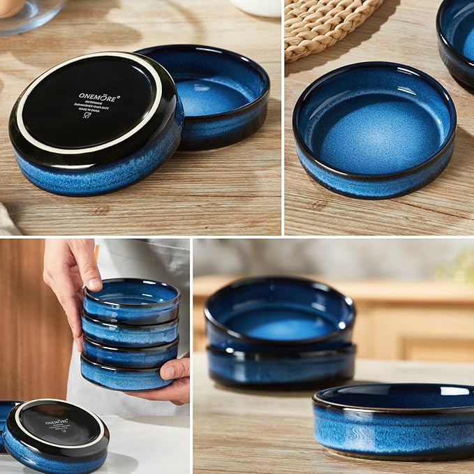 ONEMORE 4 oz Ramekins Oven Safe, Ceramic Ramekins for Creme Brulee, Custard, Pudding, Souffle, Blue Shallow Ramekin Dishes, Small Porcelain Ramekin Set of 6 for Baking & Serving