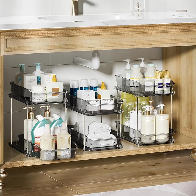 Delamu 2-Tier Under Sink Organizers and Storage, Multi-Purpose Stackable Bathroom Cabinet organizers, Pull Out Kitchen Pantry Organization and Storage with Dividers(3 Pack, Grey)