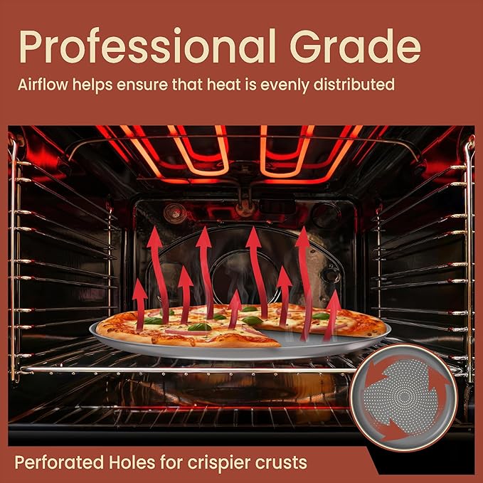 Bakken 16 Inch Non-Stick Pizza Pan 2 Pack, Round Carbon Steel Pizza Tray with Perforated Holes, PFOA, PFOS, & PTFE-Free, Dishwasher & Oven Safe Up To 450°F, Durable Nonstick Coating, Silver