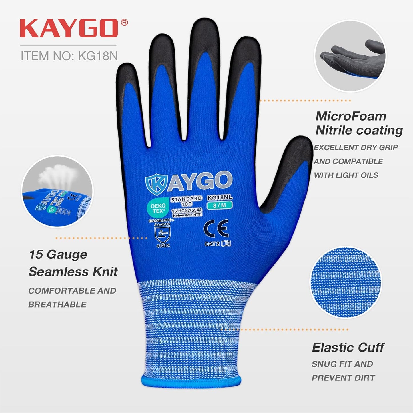 KAYGO Safety Work Gloves MicroFoam Nitrile Coated, 12 Pairs KG18NB,Seamless Knit Nylon Glove with full fingers Touchscreen, Ideal for Automotive,Warehouse,Construction (Large, Blue)