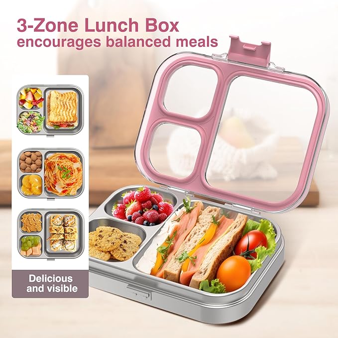HOMEKOL Stainless Steel Bento Lunch Box, 3-Compartment Leak-Proof Lunch Container for Kids & Adults, BPA/BPS-Free 304 Metal Food Box, Dishwasher Safe, Clear Tritan Lid, Pink (Not Insulated)