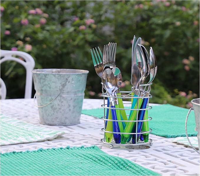 The Original Brink House Sea Blue Green Mix & Match Stainless Steel Cutlery Set with Translucent Handles / 16 pieces with Metal Stand/Lifestyle utensils set for home, apartment, dorm, outdoor events
