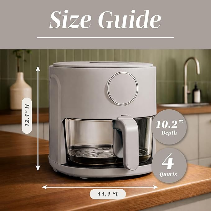 COOK WITH COLOR Colorful 1200W 4Qt Air Fryer: Glass Basket, Dishwasher Safe, 60min Timer, 6 Presets, Temp Control 175F-400F, 4 QT, Greige