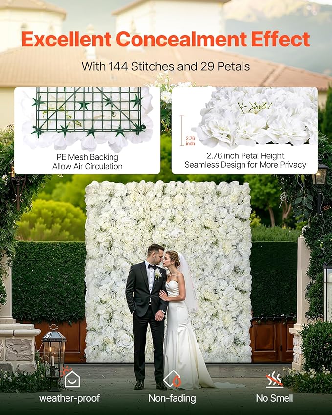 VEVOR 3D Flower Wall Panel, 24 PCS 15 x 15 inch, Artificial Floral Wall Background Mesh Backing Mat,Seamless Design&Easy Installation for Wedding Valentines Day Home Baby Party Backdrop Decor,White