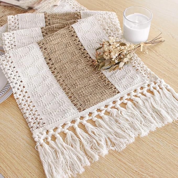 FEXIA Boho Table Runner with Tassels 60 Inches Long Christmas Thanksgiving Farmhouse Rustic Cream & Brown Macrame Table Runner for Home Dining Bedroom Bridal Shower Decor(12x60 Inches)