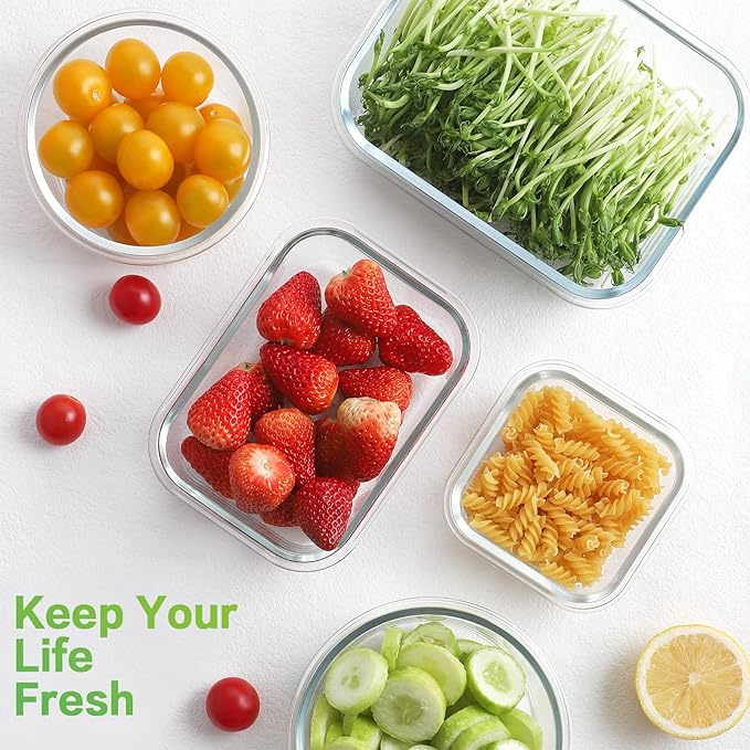 HOMBERKING Glass Food Storage Containers with Lids, 18 Piece Meal Prep Containers, Airtight Lunch Bento Boxes, BPA-Free & Leak Proof (9 Lids & 9 Containers) - Purple
