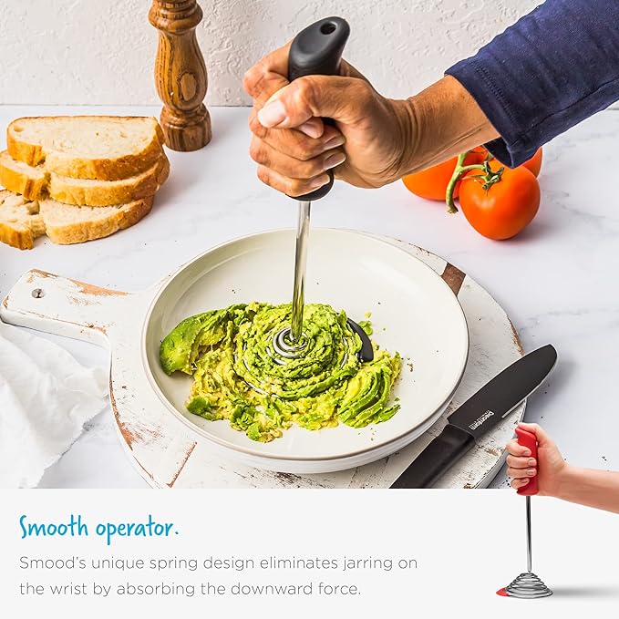 Dreamfarm Smood | One-Handed Stainless-Steel Spring Coil Vegetable and Potato Masher with Soft Grip and Bowl Scraper | Red