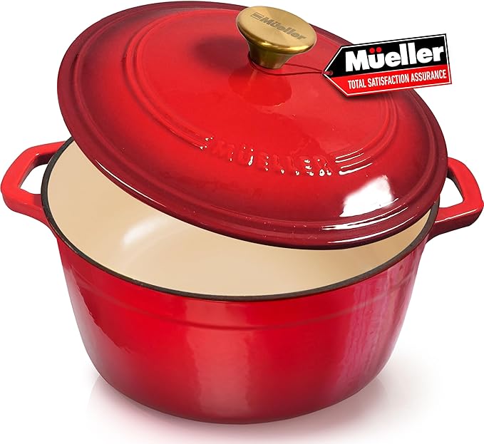 MUELLER HOME 7.5 QT Enameled Cast Iron Dutch Oven, Heavy-Duty Casserole Dish and Braiser Pan with Lid and Stainless Knob, Oven-Safe up to 500° F & Across All Cooktops, Red