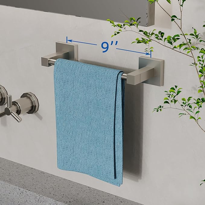 RUACQ Hand Towel Holder, 9 Inch Hand Towel Bar for Bathroom Wall Mounted, 304 Stainless Steel Towel Rack with Square Base(Brushed Nickel)